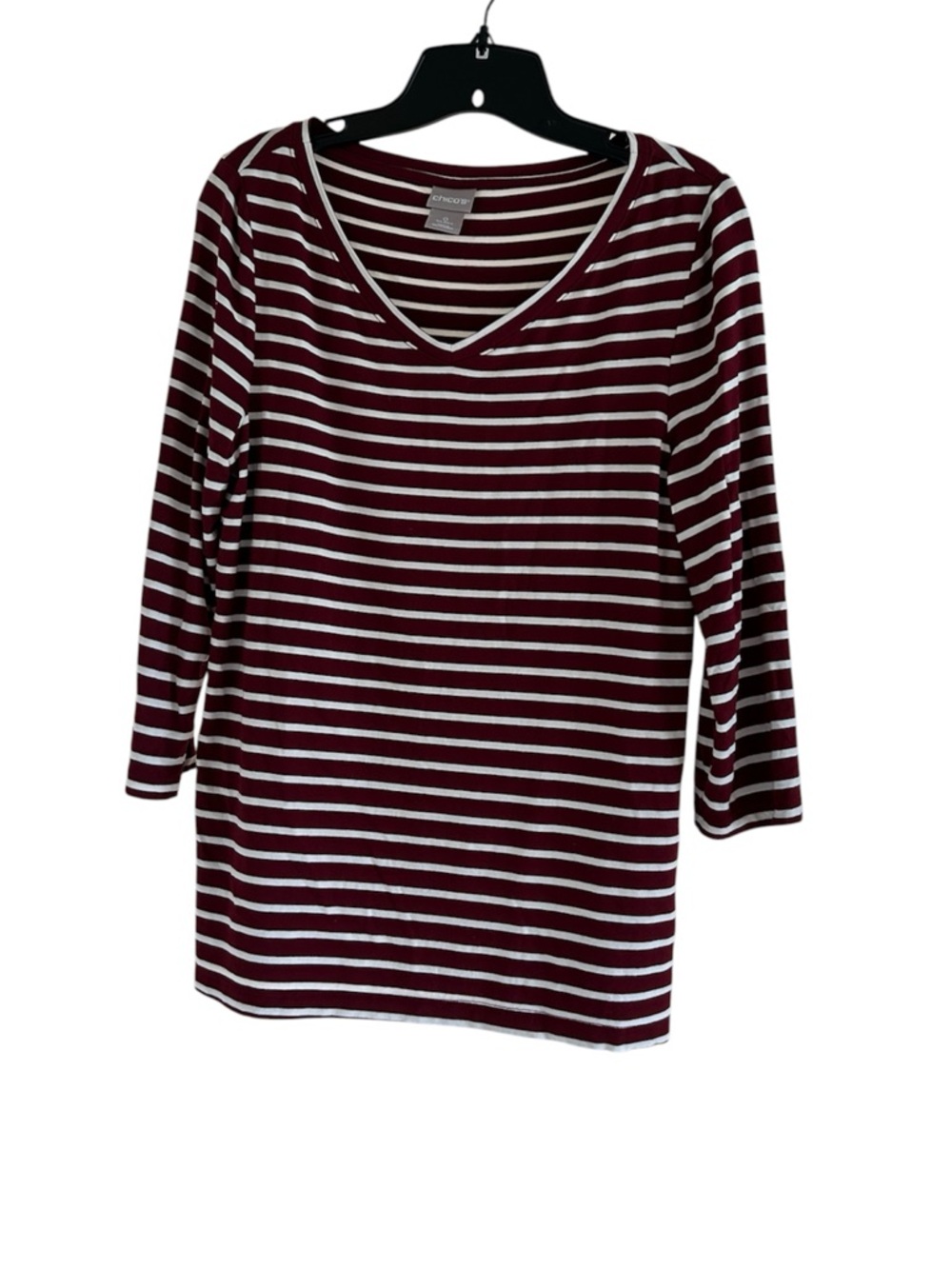 Chico's Striped V-neck Burgundy and White Size Small Short Sleeve Tee